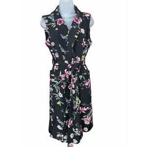 Calvin Klein Size 10 Black Floral Wrap Midi Dress Sleeveless Belted Work